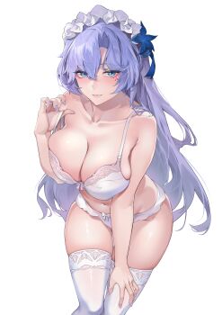 1girl absurdres blue_eyes blue_flower bra breasts cantarella_(wuthering_waves) cleavage commentary_request cowboy_shot facial_mark flower hair_flower hair_ornament highres kocang large_breasts leaning_forward long_hair looking_at_viewer maid_headdress panties parted_lips purple_hair purple_nails simple_background skindentation solo strap_pull thighhighs underwear underwear_only white_background white_bra white_panties white_thighhighs wuthering_waves