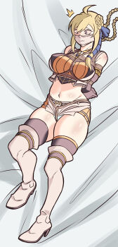 1girl absurdres ahoge arms_behind_back bare_shoulders bdsm bed bed_sheet black_gloves blonde_hair blue_ribbon blush bondage boots bound bound_arms bound_breasts bound_torso braid braided_bun braided_hair_rings breast_bondage breasts brown_gloves clenched_hand cloth_gag clothes_lift commission commissioner_upload crotch_rope detached_sleeves elbow_gloves embarrassed female_focus gag gagged gloves grancrest_senki hair_between_eyes hair_bun hair_ornament hair_ribbon hair_rings high_heel_boots high_heels highres improvised_gag jewelry long_hair long_sleeves looking_ahead looking_at_another looking_up lying medium_breasts miniskirt nayumika nervous nervous_smile nervous_sweating on_back orange_skirt over_the_nose_gag panties pencil_skirt perky_breasts purple_eyes ribbon rope shibari shibari_over_clothes shirt sidelocks siluca_meletes skin_tight skindentation skirt skirt_lift smile solo surprised sweat sweatdrop swept_bangs thigh_boots thighhighs thighs tongue underwear vest white_boots white_panties white_vest