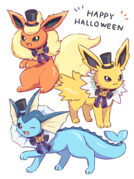 Rule 34 | black hat, blue skin, clothed pokemon, colored skin, commentary request, english text, flareon, gen 1 pokemon, happy halloween, hat, highres, jolteon, mini hat, mini top hat, neko gyoza, nintendo, no humans, one eye closed, open mouth, pokemon, pokemon (creature), red fur, simple background, tail, top hat, two-tone fur, vaporeon, white background, yellow fur
