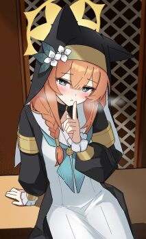Rule 34 | absurdres, animal ears, aqua eyes, aqua neckerchief, arm up, blue archive, blush, braid, cat ears, clothing cutout, commentary, finger to mouth, flower, genso (thereisnosauce), hair flower, hair ornament, halo, highres, indoors, leg cutout, long hair, looking at viewer, mari (blue archive), neckerchief, nun, orange eyes, shushing, single braid, sitting, solo, yellow halo