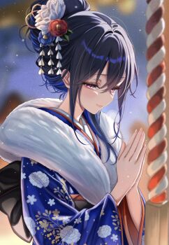 1girl black_hair black_sash blue_hair blue_kimono closed_mouth commentary_request crossed_bangs double-parted_bangs floral_print floral_print_kimono flower fur_shawl hair_between_eyes hair_bun hair_flower hair_ornament highres ichinose_uruha japanese_clothes kimono long_hair obi own_hands_together praying print_kimono purple_eyes sa-ya2 sash shawl single_hair_bun smile solo virtual_youtuber vspo!