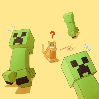 ? animal animal_focus cat cat_(minecraft) commentary confused creature creature_focus creeper english_commentary flying_sweatdrops green_eyes low_poly lucianoromanjr minecraft minecraft_(style) no_humans official_style running scared shadow signature simple_background sitting yellow_background