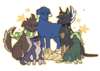 1girl 5boys animal animal_collar animal_focus animalization battle_tendency braid cat chain chain_leash collar commentary diamond_wa_kudakenai dog fishumarket full_body giorno_giovanna higashikata_josuke jojo_no_kimyou_na_bouken jonathan_joestar joseph_joestar joseph_joestar_(young) kuujou_jolyne kuujou_joutarou leash multiple_boys no_humans odd_one_out phantom_blood scarf star_(symbol) stardust_crusaders stone_ocean striped_clothes striped_scarf tongue tongue_out vento_aureo