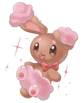 alternate_color animal_focus artist_name bow brown_eyes brown_fur buneary commentary_request gen_4_pokemon iwasi_29 nintendo no_humans open_mouth pawpads pokemon pokemon_(creature) rabbit red_bow shiny_pokemon simple_background smile sparkle twitter_username white_background