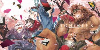 4boys album_cover animal_ears bear bear_boy bear_ears black_fur black_hair blue_fur blue_kimono blush brown_fur brown_hair brown_kimono cherry_blossoms cover cup dango dice dog_boy dog_ears dog_tail eating english_text fang fangs fat fat_man food food_in_mouth furry furry_male giga_lacan green_headband grin hair_tie hanafuda headband holding holding_cup japanese_clothes jewelry kimono kishou_tenketsu_(kichigai) lion_boy lion_ears lion_mane looking_at_viewer multiple_boys muscular muscular_male muzzle-lab necklace official_art one_eye_closed open_mouth polar_bear ponytail purple_kimono red_scarf rou_kemonone rouon_aro sakazuki scarf shirane_kan skin_fang smile tail third-party_source utau wagashi white_fur