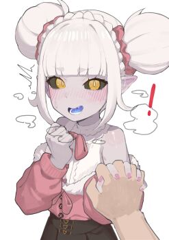 ! 1girl 1other absurdres black_sclera black_skirt blush colored_sclera colored_skin double_bun ear_blush hair_bun hashtag-only_commentary highres holding_hands indie_virtual_youtuber jacket kumo_kuddelmuddel long_hair long_sleeves mirumiruchan off_shoulder open_mouth pink_jacket pink_nails pointy_ears pov purple_skin shirt simple_background skirt sleeveless sleeveless_shirt smile solo_focus steaming_body teeth tongue virtual_youtuber white_background white_hair white_shirt yellow_eyes