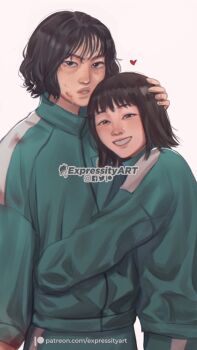 2girls asian black_hair blood blood_stain brown_hair expressity heart highres hug ji-yeong kang_sae-byeok knife multiple_girls netflix shoes simple_background smile squid_game track_suit yuri