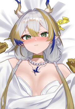 1girl arknights bead_necklace beads blush breasts colored_extremities dr.lamina dragon_horns grey_eyes horns jewelry long_hair lying multicolored_hair necklace on_back on_bed pendant pointy_ears shu_(arknights) small_breasts