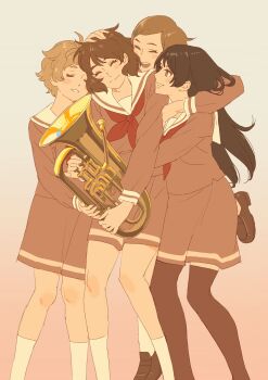 Rule 34 | 4girls, 55bata6rou, arm around neck, black pantyhose, brown hair, brown serafuku, brown shirt, brown skirt, euphonium, feet out of frame, hand on another's head, hibike! euphonium, highres, instrument, katou hazuki, kawashima sapphire, kitauji high school uniform, kneehighs, kousaka reina, loafers, multiple girls, neckerchief, oumae kumiko, pantyhose, pleated skirt, red neckerchief, sailor collar, school uniform, serafuku, shirt, shoes, short hair, skirt, socks, standing, white sailor collar