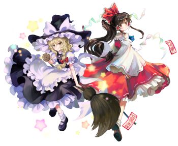 2girls absurdres apron back-to-back back_bow bare_shoulders black_hat black_shoes black_skirt black_vest blonde_hair blush bobby_socks bow broom broom_riding brown_eyes brown_hair buttons collar commentary_request frilled_apron frilled_bow frilled_hair_tubes frilled_hat frilled_skirt frills full_body gohei hair_between_eyes hair_bow hair_tubes hakurei_reimu hat hat_bow highres holding holding_gohei kirisame_marisa long_sleeves looking_at_viewer medium_hair mini-hakkero multiple_girls ofuda ponytail puffy_short_sleeves puffy_sleeves red_bow red_shirt red_skirt sasami_(shiroi_fuwafuwa) shirt shoes short_sleeves sidelocks simple_background skirt sleeveless sleeveless_shirt smile socks star_(symbol) touhou turtleneck vest wavy_hair white_apron white_background white_bow white_collar white_sleeves white_socks wide_sleeves witch_hat yellow_eyes