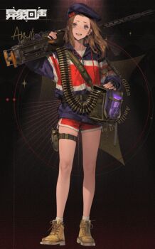 .50_bmg 1girl amilia_(echoes_of_vision) ammunition ammunition_belt animated animated_gif anti-materiel_cartridge aqua_eyes bag bandolier belt beret black_gloves blue_hat brown_hair browning_m2 bullet carrying_over_shoulder character_name chinese_commentary copyright_name dolphin_shorts drawstring echoes_of_vision fingerless_gloves forehead full_body gloves gun handheld_game_console hat heavy_machine_gun hmg_cartridge hood hood_down hooded_jacket jacket live2d long_sleeves looking_at_viewer machine_gun official_art parted_lips pouch quuni red_shorts rifle_cartridge second-party_source shorts shoulder_bag solo teeth thigh_pouch upper_teeth_only weapon white_trim