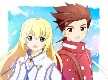 blonde_hair blue_eyes blue_sky blue_trim border brown_eyes brown_hair chest_jewel cloud colette_brunel commentary_request dress falling_feathers feathers gloves gold_choker highres hzk882 jacket light_blush lloyd_irving long_hair long_sleeves looking_at_another red_gloves red_shirt scarf shirt sky smile suspenders tales_of_(series) tales_of_symphonia white_border white_dress white_jacket white_scarf