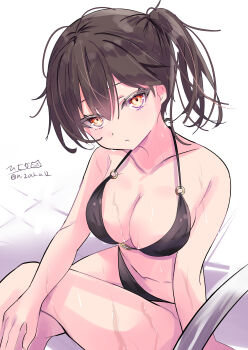 1girl absurdres bikini black_bikini blush breasts brick_floor brown_eyes brown_hair collarbone highres hizaka kaga_(kancolle) kantai_collection large_breasts looking_at_viewer pool_ladder poolside short_hair side_ponytail signature sitting solo swimsuit twitter_username wet white_background