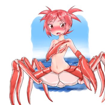 1girl arthropod_girl blush breasts covering_breasts covering_privates crab_girl ekz_(robotekz) embarrassed monster_girl navel nude short_hair small_breasts solo twintails
