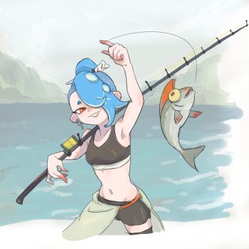 1girl arm_up blue_hair chest_sarashi cowboy_shot earrings eyeliner facing_viewer fish fish_hook fishing_rod grin hair_ornament hair_over_one_eye hair_stick jewelry lake makeup mountainous_horizon navel nintendo red_eyes salmonid sarashi shiver_(splatoon) shiver_(splatoon_raiders) shorts smile solo splatoon_(series) splatoon_raiders tank_top tanukichikushin tentacle_hair thighhighs water