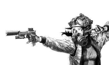 Rule 34 | 1girl, absurdres, black hair, cosplay, darius billie (moonkez), driver (drive), driver (drive) (cosplay), firing, gas mask, glock, gloves, gun, handgun, highres, holding, holding gun, holding weapon, looking to the side, magazine (weapon), mask, military operator, monochrome, original, ponytail, reflex sight, scope, screentones, shaka sign, suppressor, watch, weapon, white background