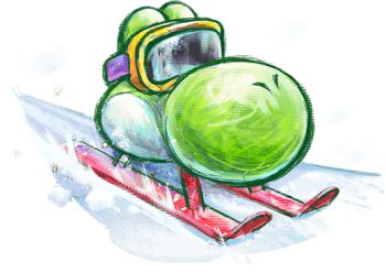 bobsled_yoshi harada_masamichi mario_(series) motion_blur nintendo official_art simple_background sled snow solo third-party_source transformation transparent_background yoshi yoshi&#039;s_new_island