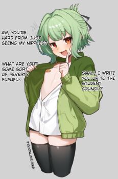 1boy areola_slip artist_name bandaid bandaids_on_nipples black_thighhighs blush choppy_bangs commentary cropped_legs english_commentary english_text green_hair green_jacket grey_background hair_intakes index_finger_raised instanttnoodle jacket long_sleeves looking_at_viewer male_focus open_clothes open_jacket open_mouth opened_by_self orange_eyes otori_tan pasties puffy_male_chest raised_inner_eyebrows seitokai_ni_mo_ana_wa_aru! shirt short_hair simple_background smile solo talking thighhighs thighs trap twitter_username white_shirt
