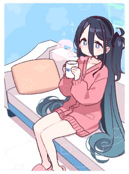 1girl aris_(blue_archive) black_hair black_hairband blue_archive blush buttons cardigan closed_mouth commentary_request couch cup double-parted_bangs foot_out_of_frame green_halo hair_between_eyes hairband halo highres holding holding_cup long_hair long_hair_between_eyes long_sleeves looking_at_viewer mug pillow pink_cardigan pink_slippers rectangular_halo sitting slippers solo yoru_nai