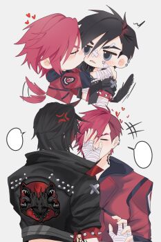 2girls absurdres arcane:_league_of_legends arcane_vi arm_tattoo asymmetrical_hair bandage_on_face bandaged_arm bandaged_chest bandages black_hair black_jacket blue_eyes blush chibi dog_tail earrings eyebrow_cut face_piercing facial_tattoo heart highres jacket jewelry kiss kissing_cheek league_of_legends multicolored_hair multiple_girls multiple_views neck_tattoo nose_piercing official_alternate_costume piercing pink_hair red_jacket roots_(hair) saudzai selfcest short_hair sidecut tail tattoo undercut vi_(league_of_legends) wolf wrist_wrap yuri