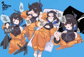 1girl absurdres alternate_breast_size_(smaller) alternate_costume alternate_hairstyle asymmetrical_horns bare_shoulders barefoot black_collar black_hair black_shirt blue_background blue_hair breasts broken_horn collar colored_inner_hair commentary crying english_commentary english_text highres holding holding_phone holding_spoon hololive hololive_english horns jumpsuit medium_breasts multicolored_hair nerissa_ravencroft old_metal_666 open_jumpsuit orange_jumpsuit phone prison_clothes red_eyes shirt short_hair spoon virtual_youtuber
