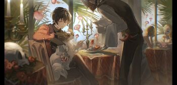 1boy apple black_hair black_pants candelabra candlestand crossed_legs dog dog_on_lap drink ensemble_stars! feet_out_of_frame flower food fruit glass gloves hair_between_eyes highres holding holding_food holding_fruit holding_menu holding_utensil jacket jellyfish lapels long_sleeves looking_ahead male_focus menu pants plant plate red_eyes red_jacket restaurant rose sakuma_ritsu scenery see-through_sleeve_layer serving sitting skull solo table tablecloth tree waiter white_gloves yusongrmdsuki