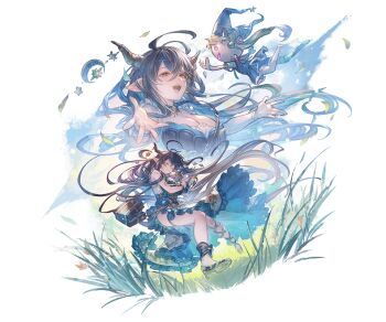 1girl :d absurdly_long_hair antenna_hair aqua_trim asymmetrical_footwear asymmetrical_sleeves bag belt black_hair black_horns blue_sky bracelet breasts brown_eyes cleavage closed_eyes cloud cloudy_sky danua draph foreshortening granblue_fantasy grass hair_between_eyes happy high_heels horn_ornament horns huge_breasts hugging_object jewelry knees_together_feet_apart long_hair messy_hair minaba_hideo multiple_views official_alternate_costume official_art on_grass open_mouth pointy_ears puppet shoulder_bag sky smile solo strappy_heels tall_grass teeth thigh_belt thigh_strap third-party_source train_(clothing) two-sided_fabric upper_teeth_only very_long_hair