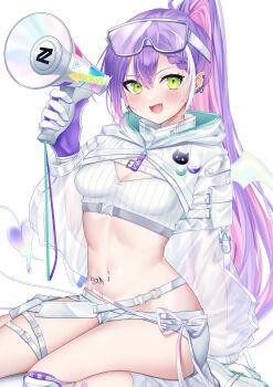 1girl absurdres closed_mouth demon_tail gloves goggles goggles_on_head green_eyes hand_on_back highres hip_tattoo holding holding_megaphone hololive knee_pads long_hair looking_at_viewer megaphone melting_tail multicolored_hair navel neko_neneko open_mouth ponytail purple_hair shorts smile solo strapless tail tattoo tokoyami_towa tokoyami_towa_(cyberpunk) tube_top virtual_youtuber white_gloves white_shorts white_tube_top