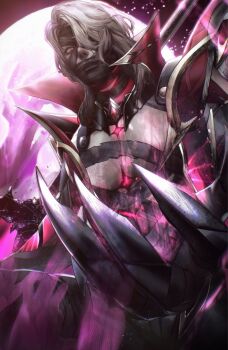 Rule 34 | 1boy, armor, bandage on face, bandages, clawed gauntlets, colored skin, commentary request, denpyu shi, energy, full moon, gem, genshin impact, glowing, glowing eyes, grey hair, grey skin, hair over one eye, high collar, highres, long hair, looking at viewer, male focus, medium hair, moon, night, one eye covered, pectorals, red eyes, rerir (genshin impact), sky, solo