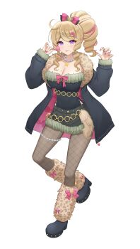 1girl absurdres animal_print black_jacket black_shoes blonde_hair bow breasts candy colored_inner_hair commentary drill_hair drill_ponytail drill_sidelocks english_commentary fingernails fishnet_pantyhose fishnets food full_body fur-trimmed_jacket fur_trim hair_bow hair_ornament hairclip heartsync highres holding holding_candy holding_food holding_lollipop huge_breasts jacket jewelry leopard_print lollipop looking_at_viewer mole mole_on_breast mole_under_mouth multicolored_hair nail_polish necklace official_art open_clothes open_jacket pantyhose pink_hair pink_nails purple_eyes second-party_source shoes side_ponytail sidelocks siena_olena simple_background solo star_(symbol) star_necklace tongue two-tone_hair white_background yukiunag1