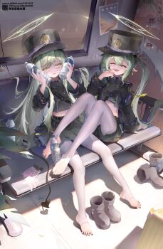 2girls absurdres barefoot blue_archive blush bottle closed_eyes demon_tail feet green_hair hat highres hikari_(blue_archive) liwendala long_hair looking_at_viewer multiple_girls nozomi_(blue_archive) open_mouth pantyhose parted_lips shoes stirrup_legwear tail toeless_legwear toes twintails unworn_shoes water_bottle white_pantyhose yellow_eyes