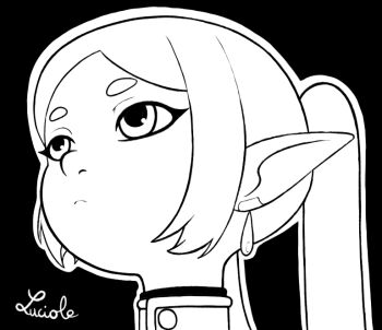 1girl earrings elf frieren jewelry looking_up lucioleart monochrome pointy_ears sousou_no_frieren twintails upward_angle_frieren_drawing