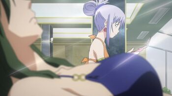 2girls absurdres animated asougi_rin audible_speech bikini blue_bikini breasts english_audio green_eyes green_hair highres large_breasts legs long_hair mature_female midriff mimi_(mnemosyne) mnemosyne multiple_girls navel orange_bikini partially_submerged ponytail pool poolside purple_eyes purple_hair small_breasts sound swimsuit tagme thighs video water