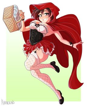 1girl basket black_hair black_shoes breasts cloak cosplay fishnet_thighhighs fishnets frilled_skirt frills gradient_hair grey_eyes holding holding_basket hood hood_up hooded_cloak khartemis large_breasts little_red_riding_hood_(fairy_tale) little_red_riding_hood_(fairy_tale_character) little_red_riding_hood_(fairy_tale_character)_(cosplay) looking_at_viewer miniskirt multicolored_hair picnic_basket red_cloak red_hair red_hood red_skirt ruby_rose rwby shoes short_hair skirt smile solo thighhighs underbust white_thighhighs