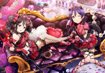 Rule 34 | 2girls, absurdly detailed composition, artist request, bare shoulders, bat wings, bottle, bow, choker, copyright name, cosmetics, couch, curly hair, demon horns, demon tail, demon wings, earrings, fishnet legwear, fishnets, flat chest, floral print, flower, frills, gloves, hair ornament, hairclip, heart, high heels, horns, jewelry, lace, lace-trimmed legwear, lace trim, lipstick tube, loaded interior, long hair, looking at viewer, love live!, love live! school idol festival, love live! school idol project, multiple girls, official art, one eye closed, parted lips, perfume bottle, petals, pink flower, pink rose, pinstripe pattern, polka dot, puffy short sleeves, puffy sleeves, purple flower, purple rose, red eyes, red skirt, rose, short sleeves, sitting, skirt, sonoda umi, striped, suspender skirt, suspenders, tail, thighhighs, tiara, wings, yazawa nico