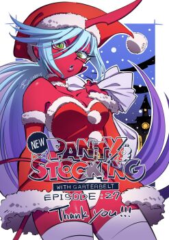 1girl breasts christmas_stocking english_text full_moon glasses green_eyes grey_hair hat highres kneesocks_(psg) looking_at_viewer moon panty_&amp;_stocking_with_garterbelt piko_han santa_hat