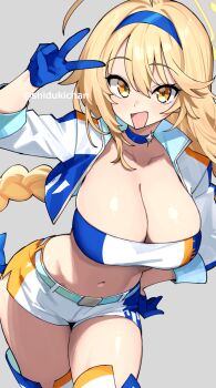 1girl :d ahoge bandeau blonde_hair blue_choker blue_gloves braid breasts character_request choker cleavage collarbone commentary_request commission copyright_request gloves grey_background halo highres jacket large_breasts long_hair looking_at_viewer multicolored_bandeau multicolored_jacket open_mouth shigatsu_shizuki shorts simple_background skeb_commission smile solo thighs twin_braids v white_bandeau white_jacket white_shorts yellow_halo