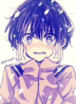 1girl artist_name black_hair black_sailor_collar blush brown_shirt commentary embarrassed hair_between_eyes hands_on_own_cheeks hands_on_own_face hands_up long_sleeves looking_at_viewer open_mouth original sailor_collar school_uniform serafuku shirt short_hair signature simple_background solo sparkle star_(symbol) straight-on sugano_manami upper_body white_background