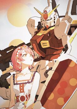 Rule 34 | 1girl, bare arms, bare shoulders, cobwvmeti, crossover, dress, earrings, eyeliner, gundam, highres, hoop earrings, idol, idol clothes, idolmaster, idolmaster shiny colors, idolmaster shiny colors song for prism, ikuta haruki, jewelry, looking back, makeup, mecha, official alternate costume, official alternate hairstyle, parted lips, pink hair, polka dot, polka dot dress, polka dot hairband, red eyeliner, red lips, robot, rx-78-2 gundam, short hair, sleeveless, sleeveless dress, straight hair, yellow eyes