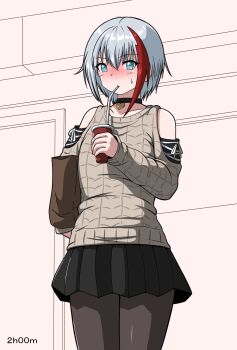 Rule 34 | 1girl, admiral graf spee (azur lane), admiral graf spee (peaceful daily life) (azur lane), azur lane, bag, bare shoulders, black skirt, blue eyes, blush, carrying, carrying under arm, choker, commentary request, drinking, hair between eyes, heart, heart choker, highres, holding, holding bag, luna satanel, microskirt, miniskirt, multicolored hair, pantyhose, pleated skirt, red hair, skirt, solo, streaked hair, thighs, traditional media, two-tone hair, white hair