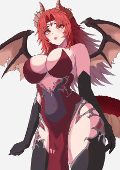 1girl absurdres black_gloves black_thighhighs breasts cleavage covered_navel dragon_girl dragon_horns dragon_tail dragon_wings dress elbow_gloves gloves highres horns indie_virtual_youtuber large_breasts long_hair looking_at_viewer meibin navel open_mouth red_dress red_hair tail thighhighs virtual_youtuber white_background wings yellow_eyes zentreya zentreya_(dragon) zentreya_(dragon)_(dungeon_master)