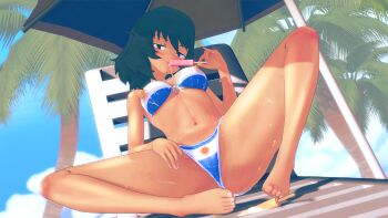 1girl argentinian_flag beach bikini breasts come_hither feet food green_eyes green_hair highres kazami_yuuka large_breasts legs licking looking_at_viewer naughty_face navel popsicle seductive_gaze seductive_smile sexually_suggestive short_hair smile solo spread_legs sweat swimsuit tail thong_bikini tongue tongue_out touhou
