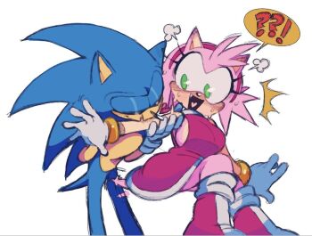 Rule 34 | 1boy, 1girl, amy rose, blush, boots, breasts, constricted pupils, excited, fang, gloves, hairband, heart, heart in mouth, highres, kissing arm, large breasts, leaning forward, legs, open mouth, sega, short hair, sideboob, smile, sonic (series), sonic the hedgehog, surprised, sweat, tail, tail wagging, thighs, wide-eyed