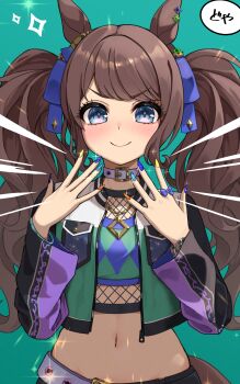 1girl absurdres animal_ears azuki_(azuki_azukki) bandeau belt blue_eyes blush breasts brown_hair choker closed_mouth collar commentary_request crop_top cropped_jacket fishnet_top fishnets highres horse_ears horse_girl horse_tail jacket jewelry long_hair long_sleeves looking_at_viewer midriff multicolored_nails navel shirt smile solo striped_bandeau swimsuit tail tosen_jordan_(jokester_vibes)_(umamusume) tosen_jordan_(umamusume) twintails umamusume upper_body