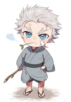 0nodera 1boy aged_down bandage_on_face bandage_on_leg bandages blue_eyes commentary_request fate/grand_order fate_(series) forked_eyebrows full_body grey_hair grey_kimono holding holding_stick japanese_clothes kimono looking_at_viewer male_focus mouth_hold nagakura_shinpachi_(fate) sandals short_hair solo stalk_in_mouth stick white_background