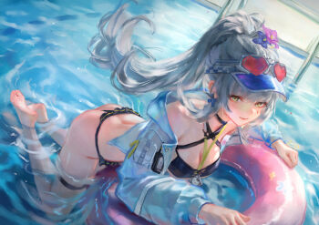 1girl absurdres bare_shoulders bent_over bikini black_bikini black_choker blue_flower blue_jacket blush breasts choker cleavage clothes_pull commentary_request cropped_jacket cross earrings eyewear_on_head facepaint flower from_above full_body girls'_frontline girls'_frontline_2:_exilium green_eyes hair_flower hair_ornament heart heart-shaped_eyewear heart_choker highres hjwhuhu hk416_(girls'_frontline) innertube iron_cross jacket jacket_pull jewelry klukai_(cerulean_breaker)_(girls'_frontline_2) klukai_(girls'_frontline_2) kneeling looking_at_viewer looking_up medium_breasts off_shoulder open_clothes open_jacket pink_flower ponytail pool see-through_clothes see-through_jacket smile solo sunglasses swim_ring swimsuit teardrop thigh_strap visor_cap wet white_hair