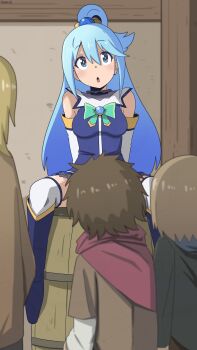 1girl 3boys aqua_(konosuba) bambi2000line barrel beads blue_eyes blue_hair blue_vest boots bow bowtie breasts brooch commentary convenient_censoring detached_sleeves green_bow green_bowtie hair_beads hair_between_eyes hair_ornament hair_rings highres implied_pantyshot jewelry knee_boots kono_subarashii_sekai_ni_shukufuku_wo! long_hair long_sleeves medium_breasts multiple_boys on_barrel open_mouth single_hair_ring sitting spread_legs thighhighs thighhighs_under_boots very_long_hair vest white_thighhighs