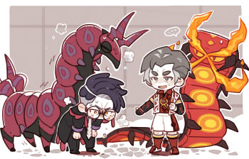 ... 2boys antennae black_pants black_shoes black_suit bug centiskorch chibi closed_eyes collared_shirt corbeau_(pokemon) eyewear_strap fingerless_gloves fire flame_print formal_clothes gen_5_pokemon gen_8_pokemon glasses gloves grey_hair hand_on_own_knee heavy_breathing highres holding holding_towel hunched_over kabu_(pokemon) luminous_slime mandibles multiple_boys necktie nintendo old old_man pants pokemon pokemon_(creature) pokemon_legends:_z-a pokemon_swsh purple_hair purple_shirt reaching reaching_towards_another red_socks round_eyewear scolipede shirt shoes short_hair shorts smile sneakers soccer_uniform socks sportswear suit sweatdrop towel towel_around_neck white_necktie yellow_eyes