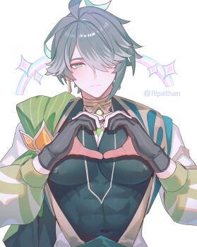 1boy abs alhaitham_(genshin_impact) alpaitham aqua_hair black_gloves black_shirt closed_mouth commentary fingerless_gloves genshin_impact gloves grey_hair hair_between_eyes hair_over_one_eye heart heart_hands highres jacket long_sleeves looking_at_viewer male_focus multicolored_hair muscular muscular_male shirt short_hair solo streaked_hair symbol-only_commentary white_background white_hair white_jacket
