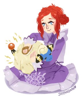 Rule 34 | 1girl, blue eyes, blush, blush stickers, brushing, brushing animal, closed eyes, closed mouth, commentary, crossover, electricity, english commentary, eyelashes, fan request, freckles, gen 2 pokemon, hair bun, holding, holding brush, joypandaah, kyokugen dasshutsu, kyokugen dasshutsu adv: zennin shibou desu, lightning bolt symbol, luna (kyokugen dasshutsu), mareep, nintendo, nostrils, orange hair, pokemon, pokemon (creature), purple shirt, purple skirt, shirt, sidelocks, simple background, single side bun, sitting, skirt, smile, tumblr ask, vest, white background, white vest